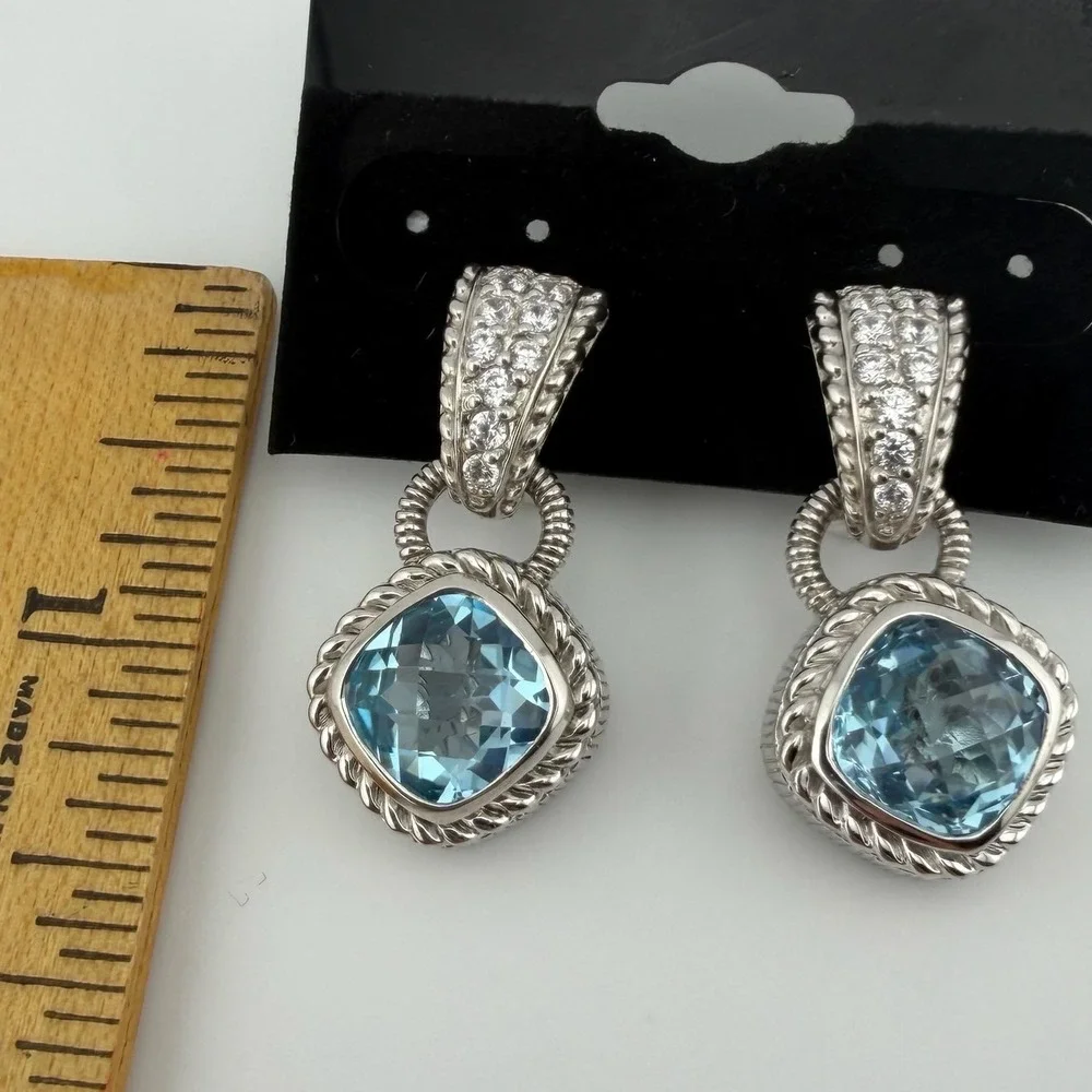 Judith Ripka 925 Sterling Silver Blue Topaz CZ Drop Earrings Fleur-de-Lis